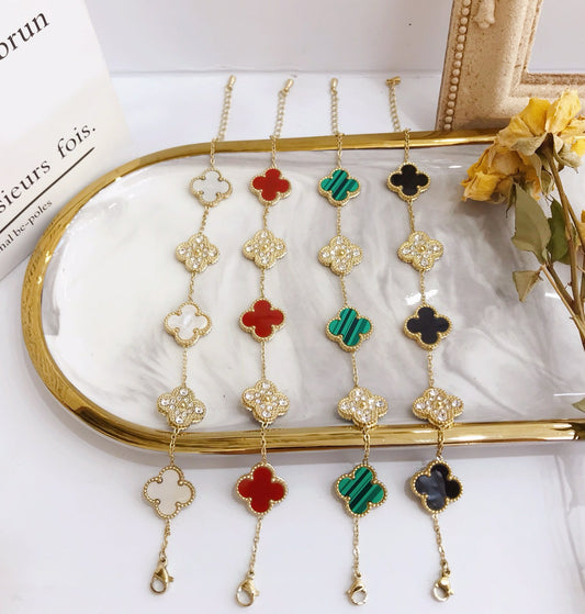 14K Gold Plated Lucky Clovers Sparkling Cubic Zirconia Stones Bracelet