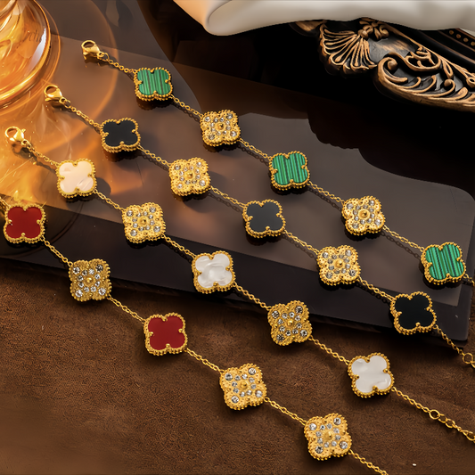 14K Gold Plated Lucky Clovers Sparkling Cubic Zirconia Stones Bracelet